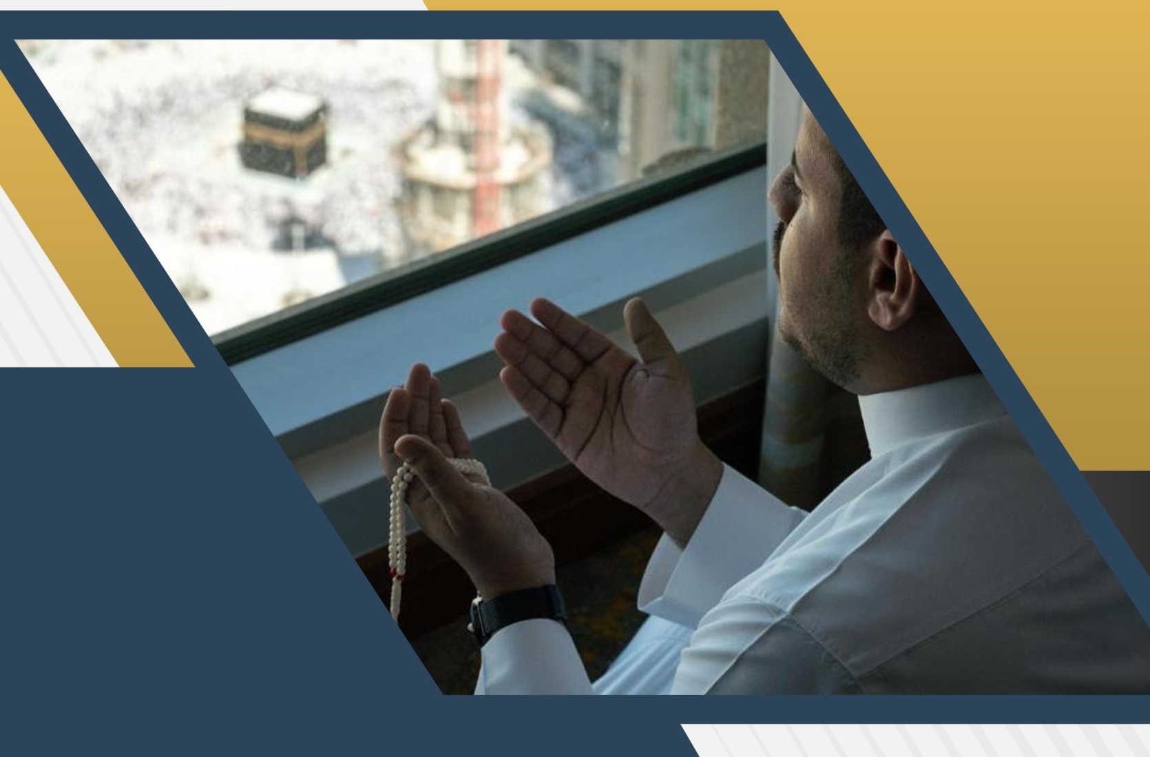 Pilgrim praying with a view of the Holy Mosque